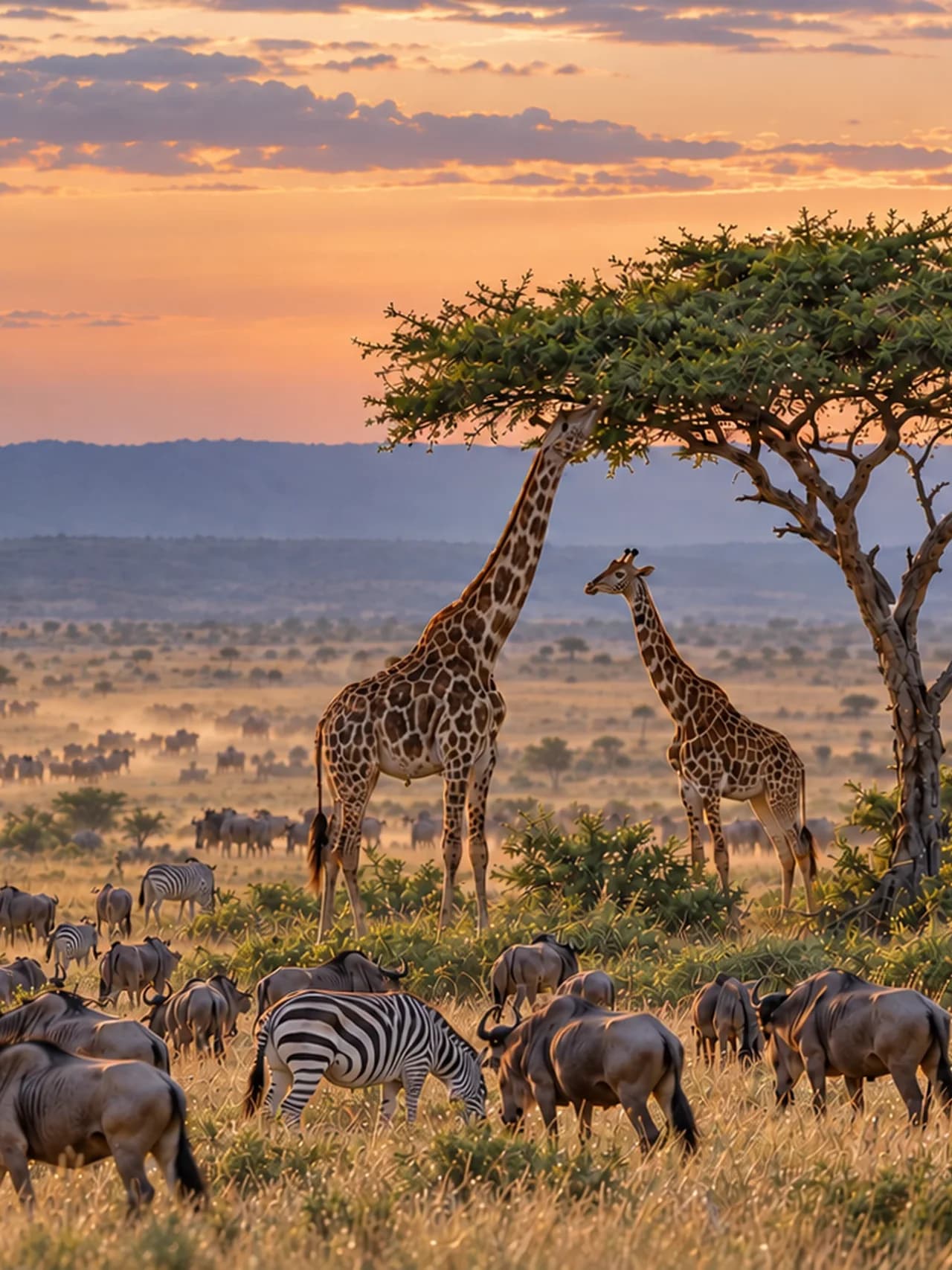 Two giraffes beside an acacia tree as zebras and wildebeest cross golden savannah at sunset